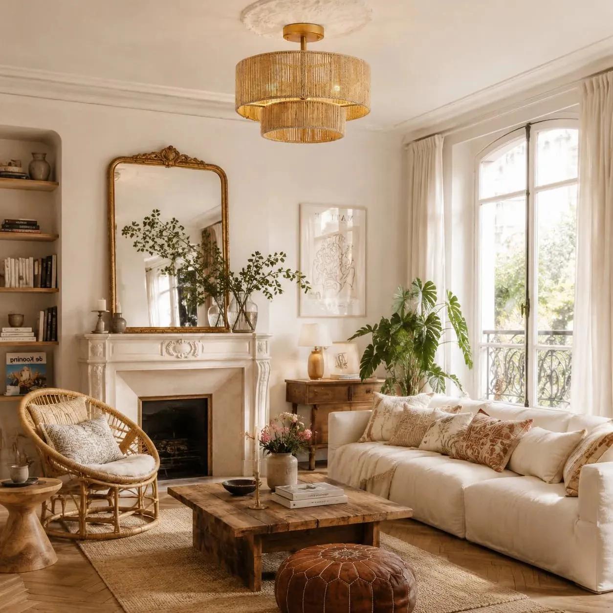 Rattan ceiling light in a living room