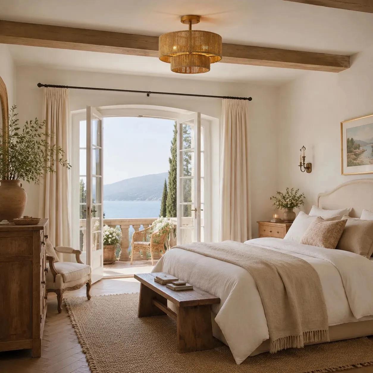 Rattan ceiling light in a bedroom