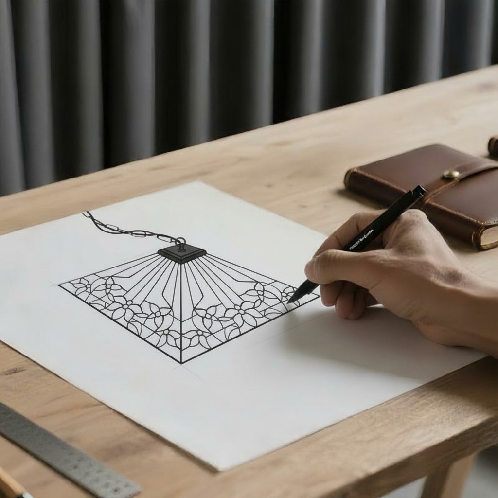 Ontwerpschets voor de TF Camillo glas-in-lood hanglamp