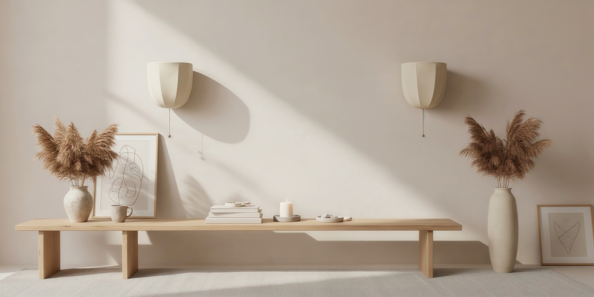 Fablune wandlamp in een lichte woonkamer met warme linnen kap