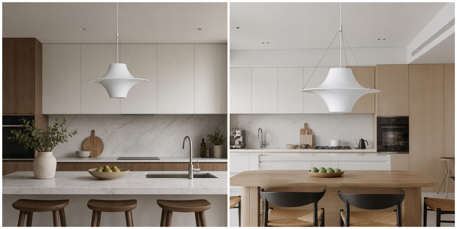 Twee keukenopstellingen met de Saebery hanglamp