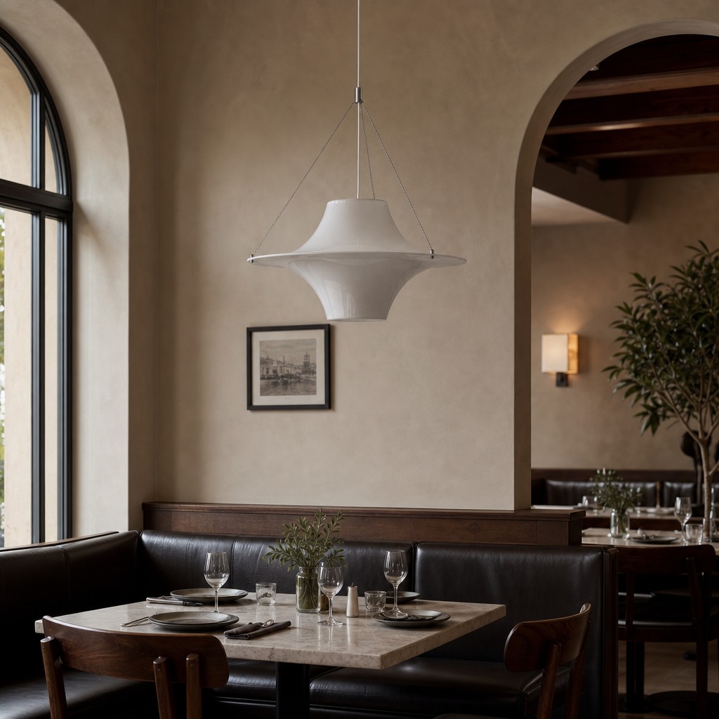 Saebery hanglamp boven een restauranttafel
