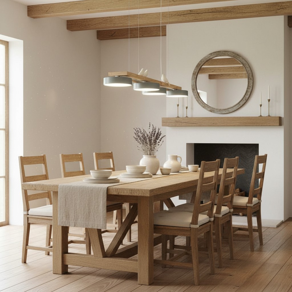 Sienna Bird Lange Kroonluchter boven houten eettafel