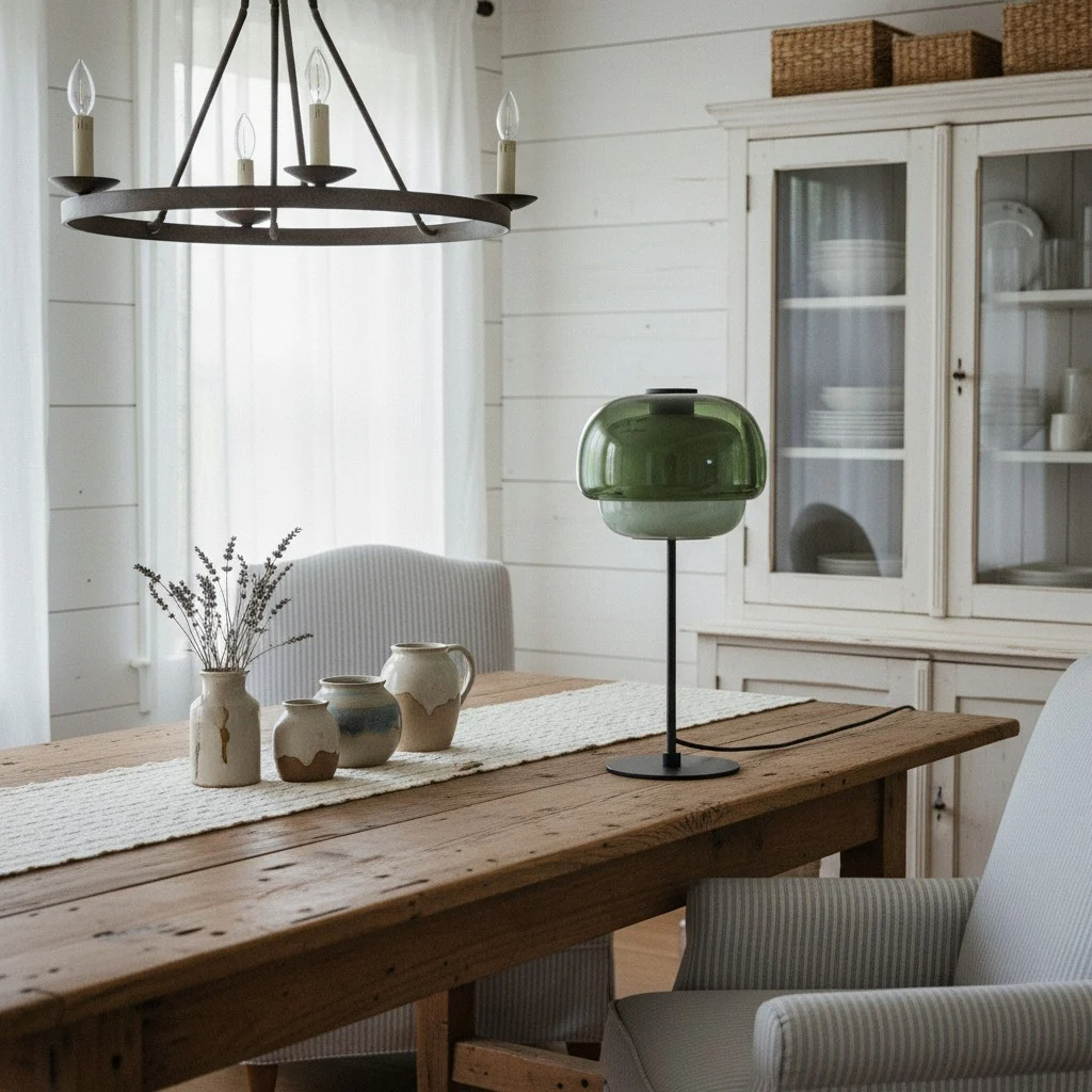 Groene Clinco tafellamp op een houten tafel