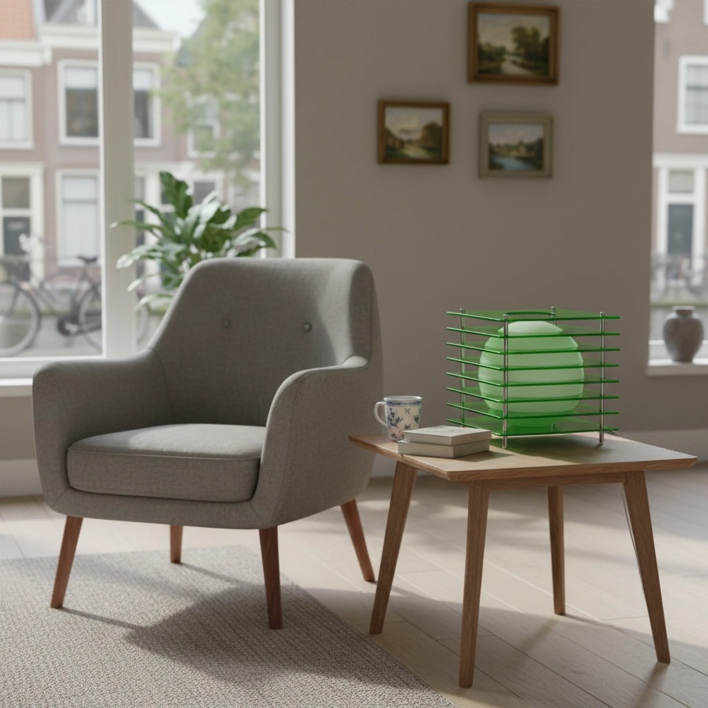 Groene Sunset Cube tafellamp op salontafel