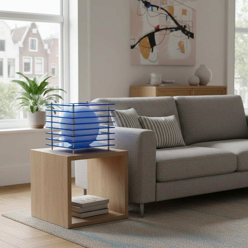 Blauwe Sunset Cube tafellamp naast bank