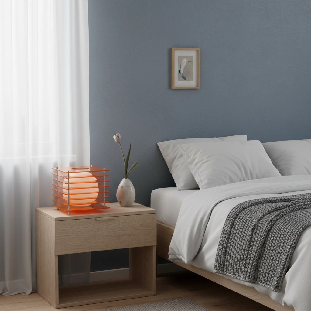 Oranje Sunset Cube tafellamp naast bed