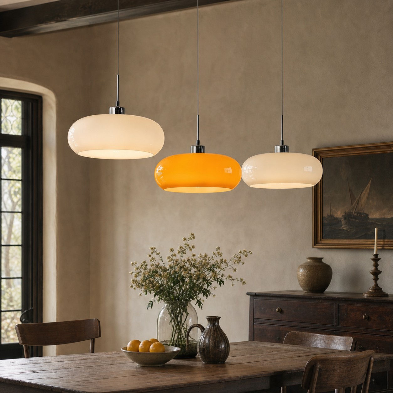 Suspensions orange et blanches