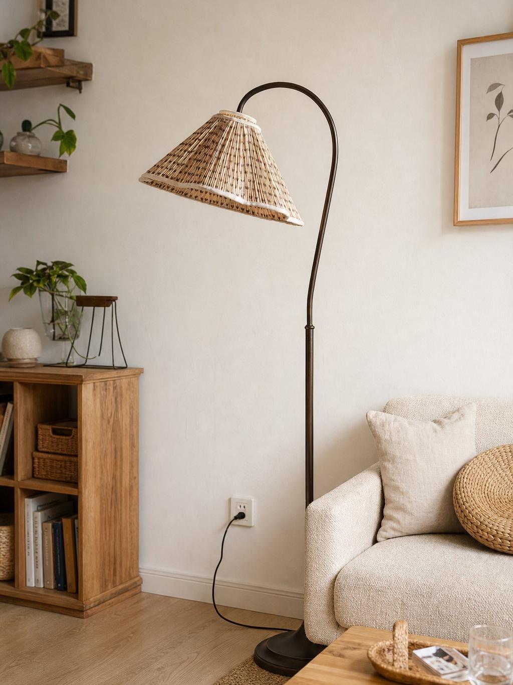 Veslin vloerlamp met donkere florale kap in huiselijke setting