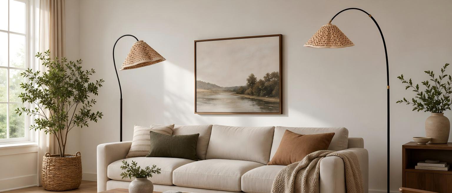 Veslin vloerlamp met florale linnen kap in een lichte woonkamer