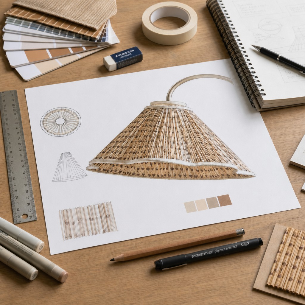 Ontwerpschetsen en materiaalstalen voor de florale lampenkap