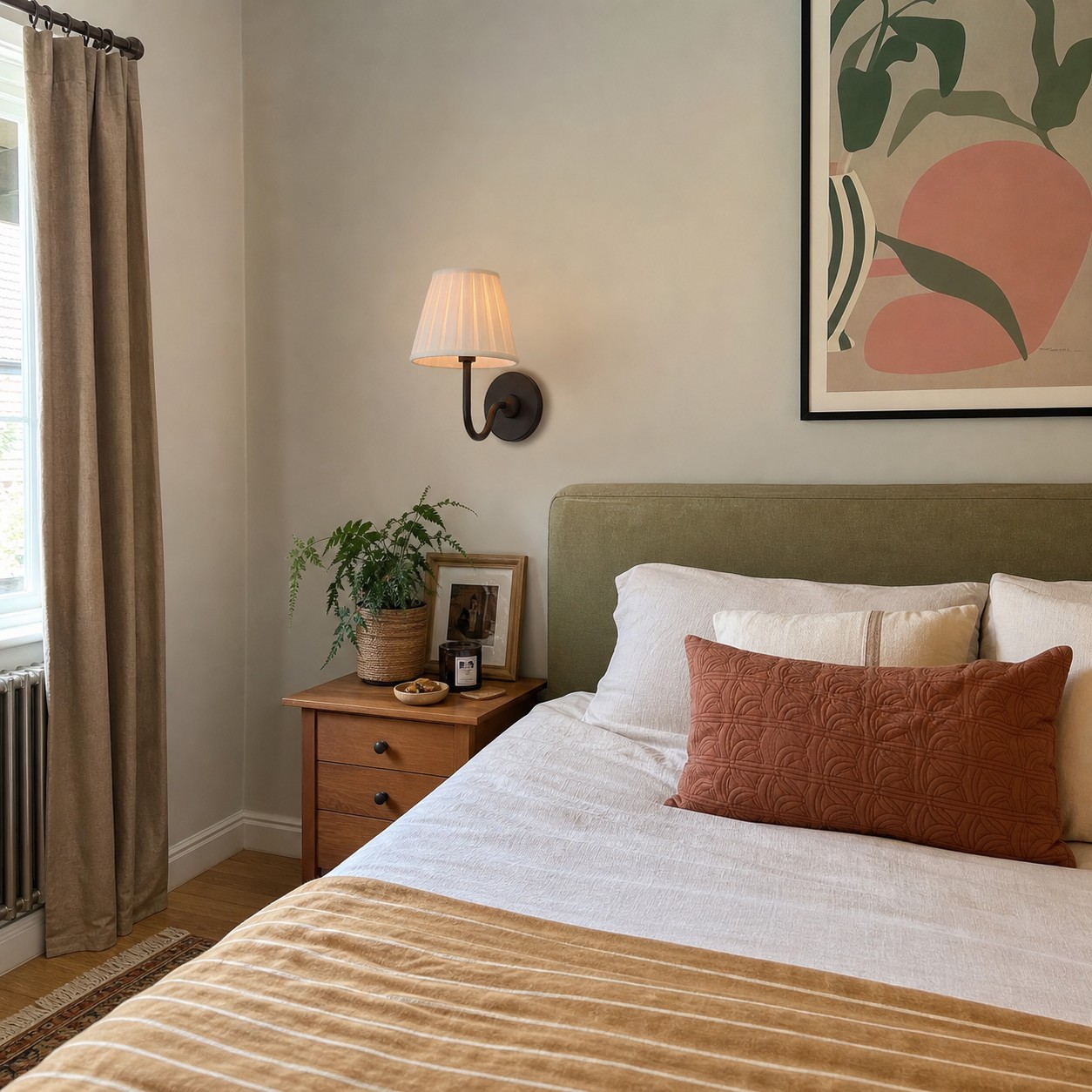 Wandlamp geplaatst rondom het matras, kussen en binnen handbereik.