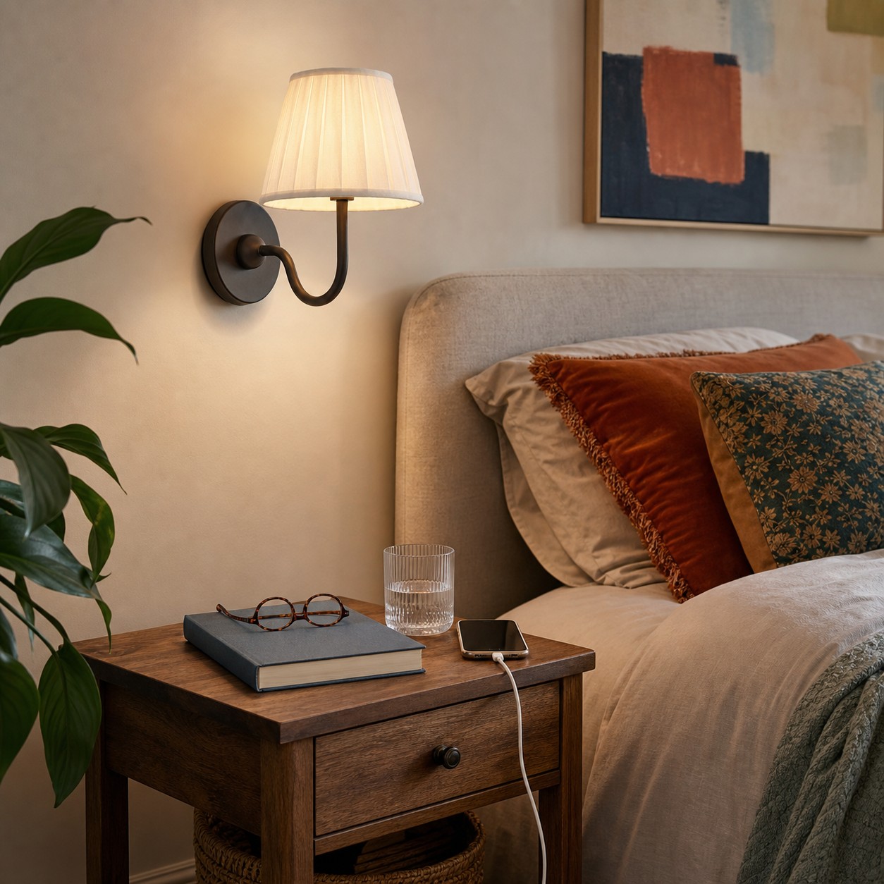 De belangrijkste spullen voor naast het bed staan uitgestald op een klein nachtkastje zonder lampvoet.