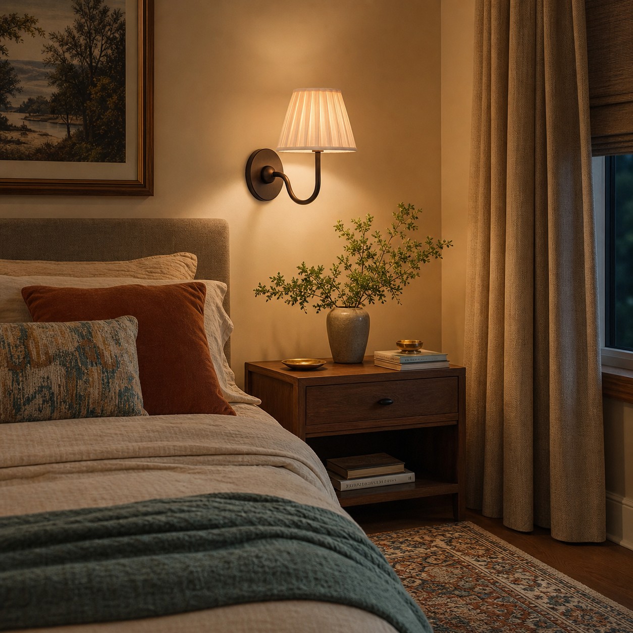 Geplooide linnen wandlamp die de lamp afschermt van het zicht vanuit het bed.