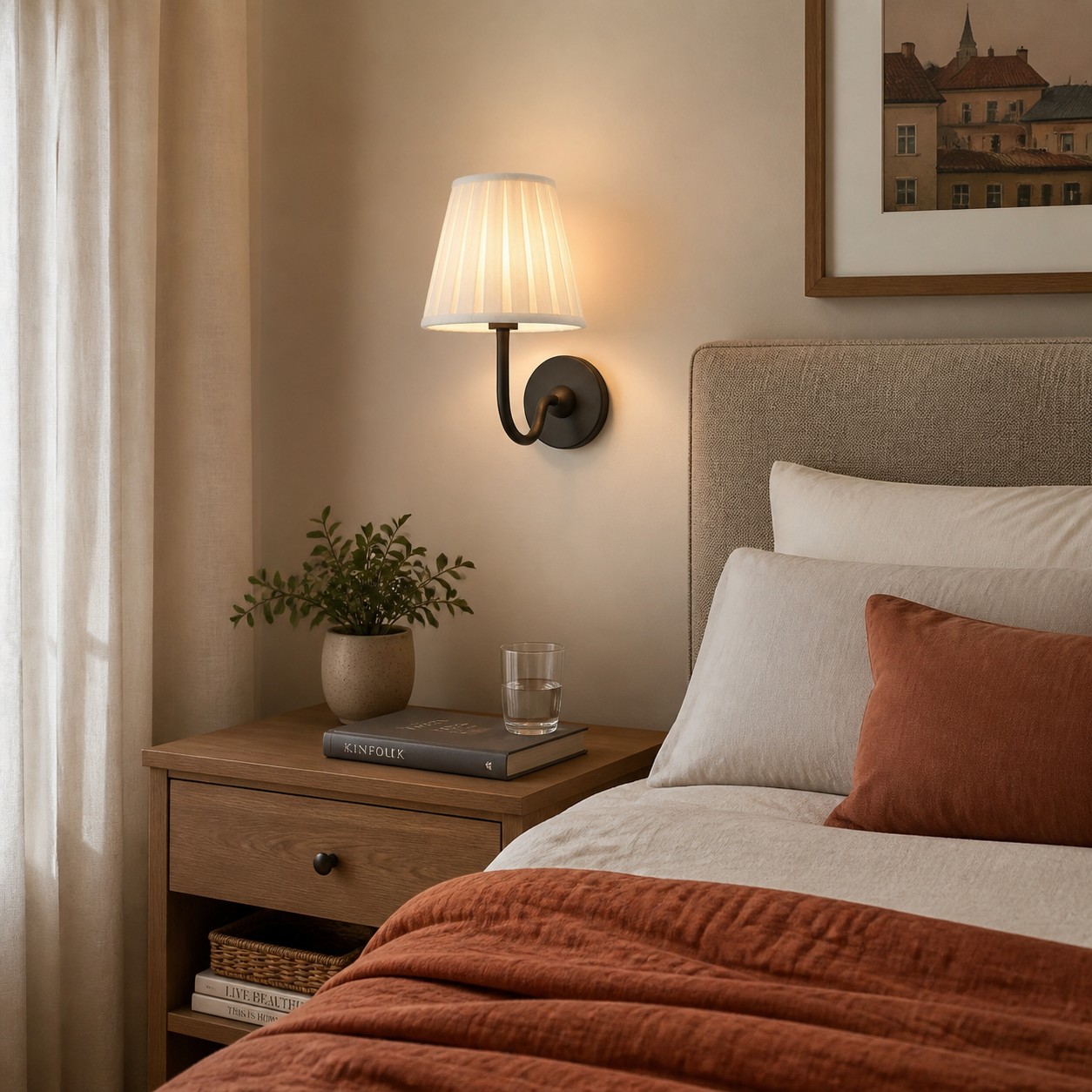Enkele wandlamp met plooien, waardoor er ruimte vrijkomt op een compact nachtkastje.
