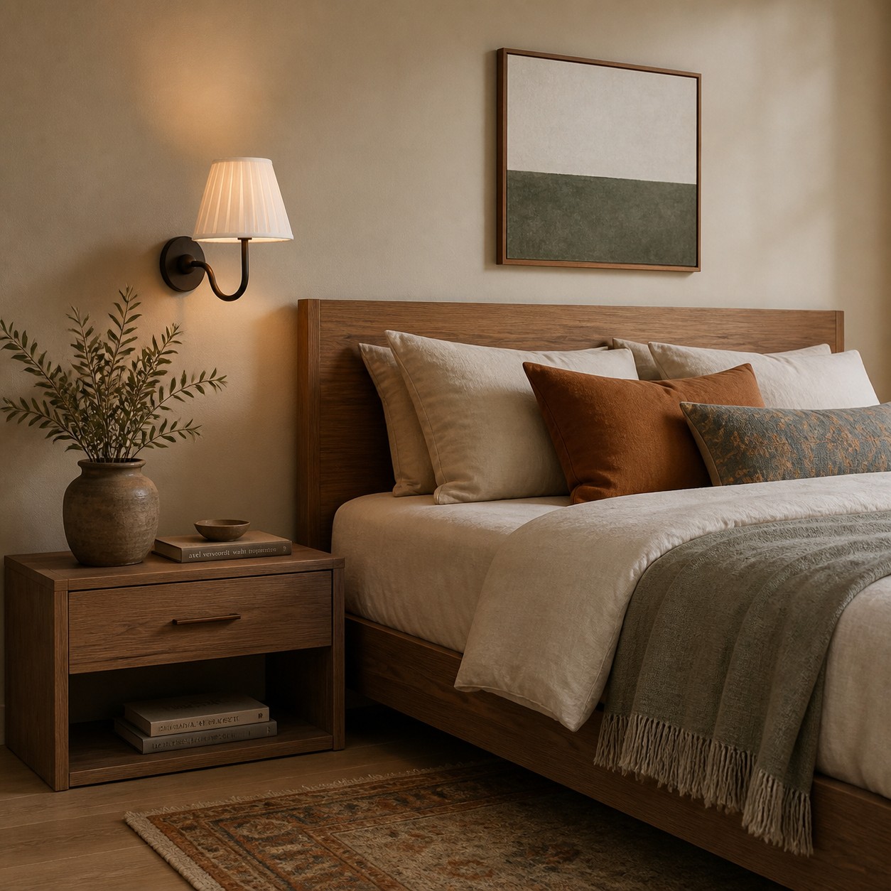 Een stoffen wandlamp die een zachtere, tweede lichtlaag naast het bed creëert.