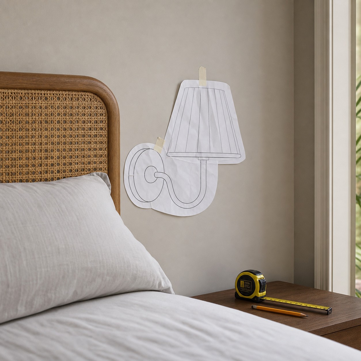 Papieren sjabloon voor wandlamp gebruikt om de zichtlijnen naast het bed te testen vóór installatie.