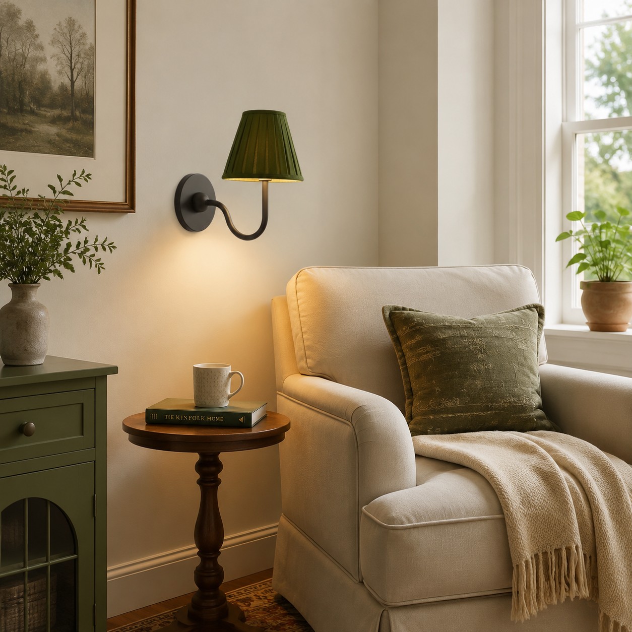 Een wandlamp met plooien verlicht een enkele leesstoel.
