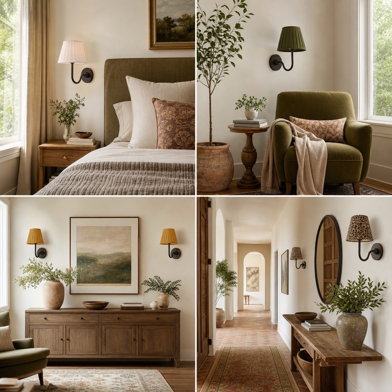 Wandlampindelingen voor een bed, leesstoel, dressoir en hal.