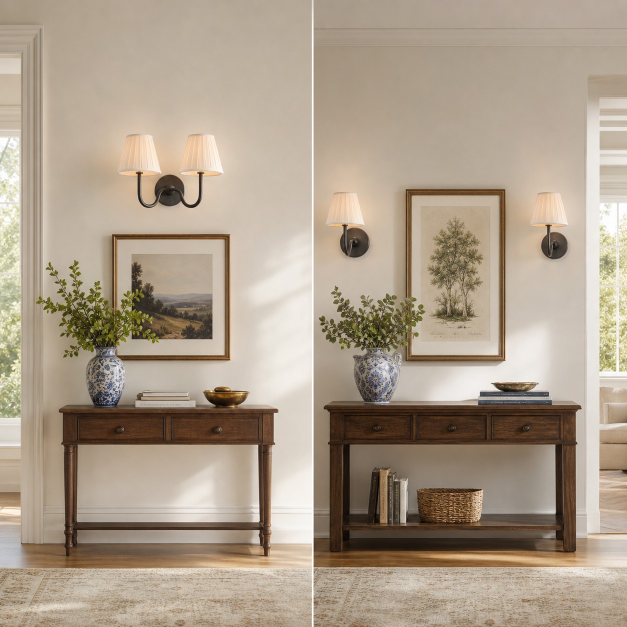 Dubbele wandlamp vergeleken met twee afzonderlijk gemonteerde wandlampen.