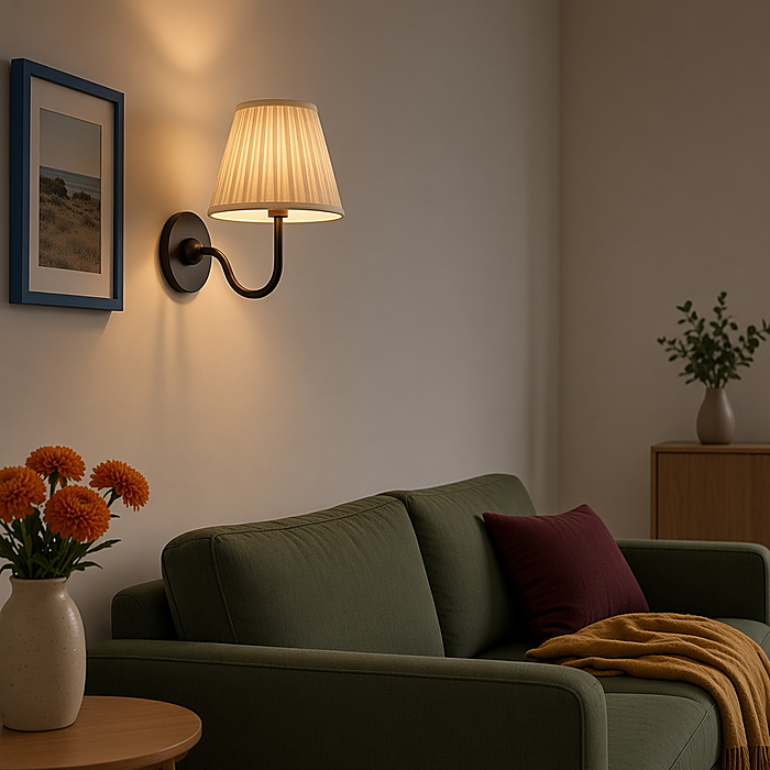 Wandlamp die ruimte vrijmaakt op een compact bijzettafeltje in een huurwoning.