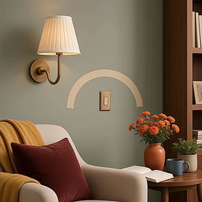 Geplooide wandlamp met voldoende zichtafstand tot een nabijgelegen gordijn.