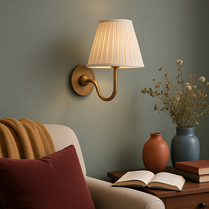 Geplooide lampenkap die de lamp afschermt van de zittende leespositie.
