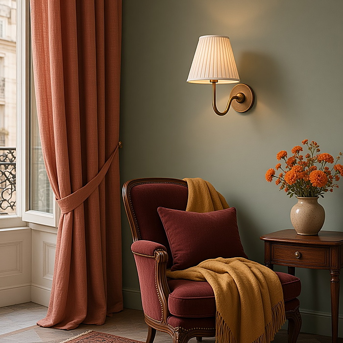 Een aan de muur gemonteerde leeslamp zorgt ervoor dat de vloer naast een fauteuil vrij blijft.
