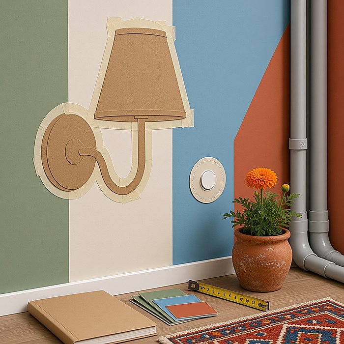 De positie van de vast aangesloten wandlamp wordt gepland rond de muur, de schakelaar en het kabeltraject.