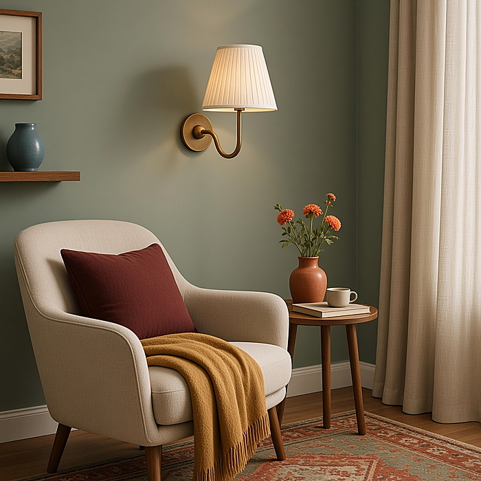Een aan de muur gemonteerde leeslamp zorgt ervoor dat de vloer naast een fauteuil vrij blijft.