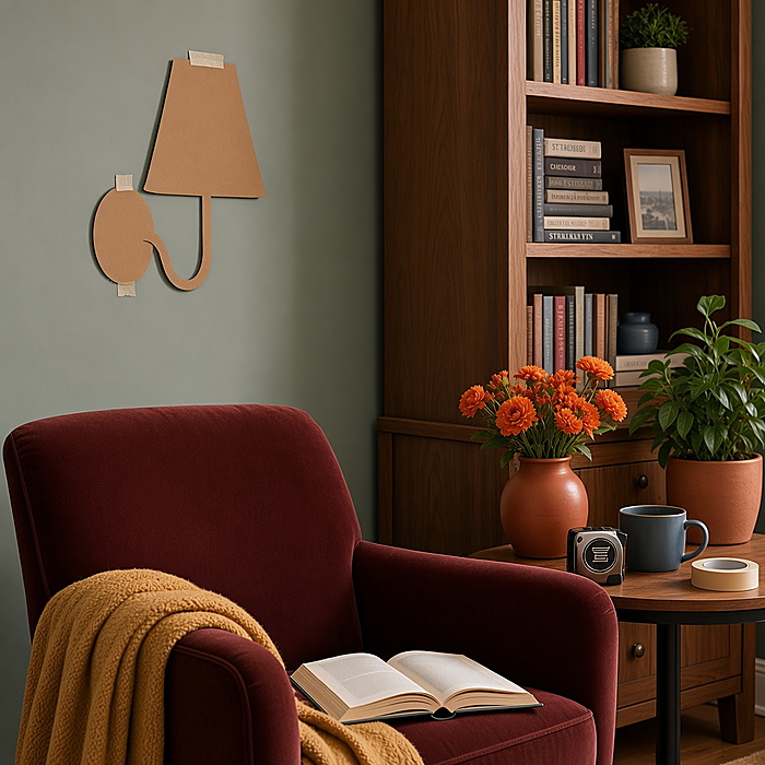 De positie van de leesstoel en het boek werd bepaald vóór de installatie van de wandlamp.