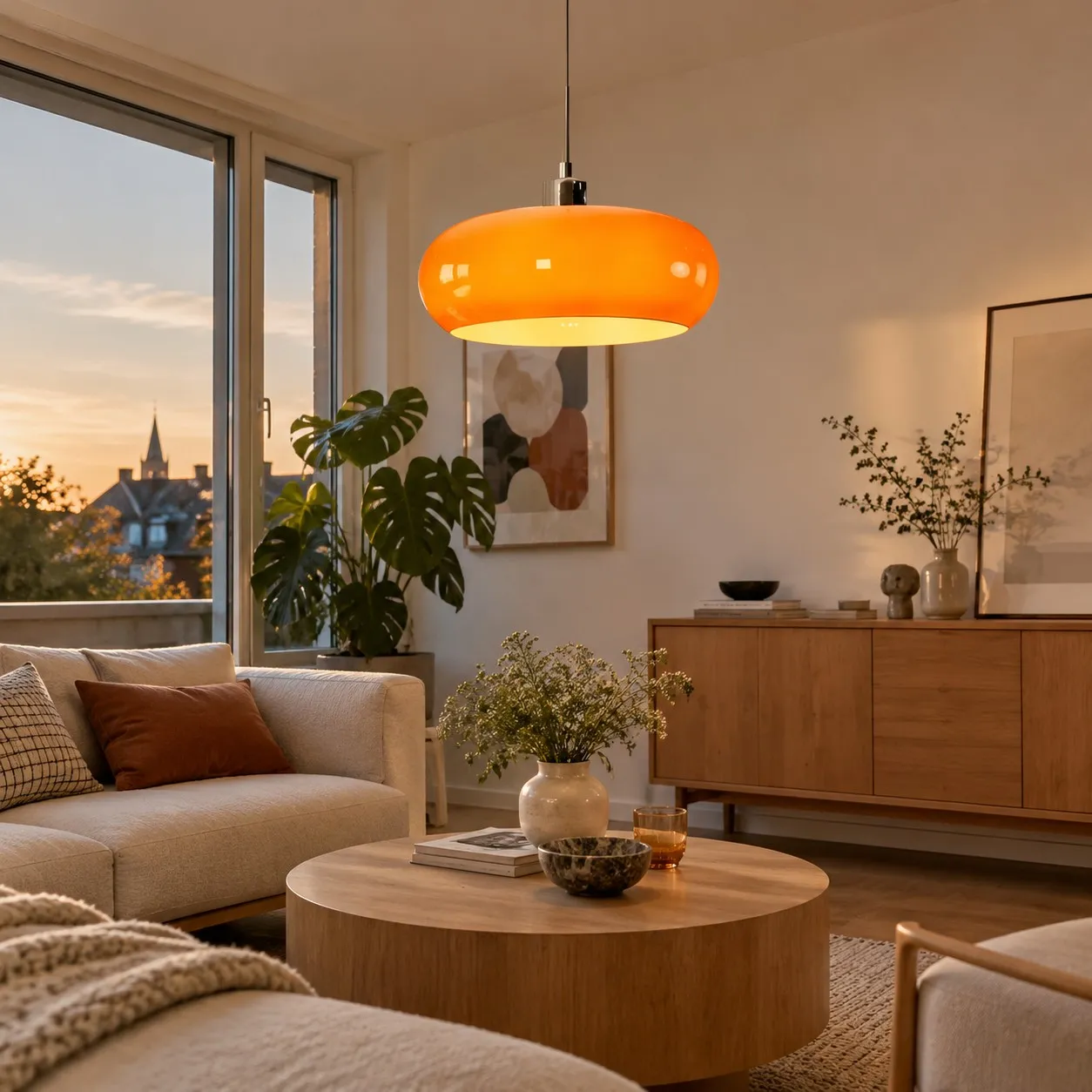 Lampada a sospensione in vetro arancione come tocco di colore in un interno moderno.