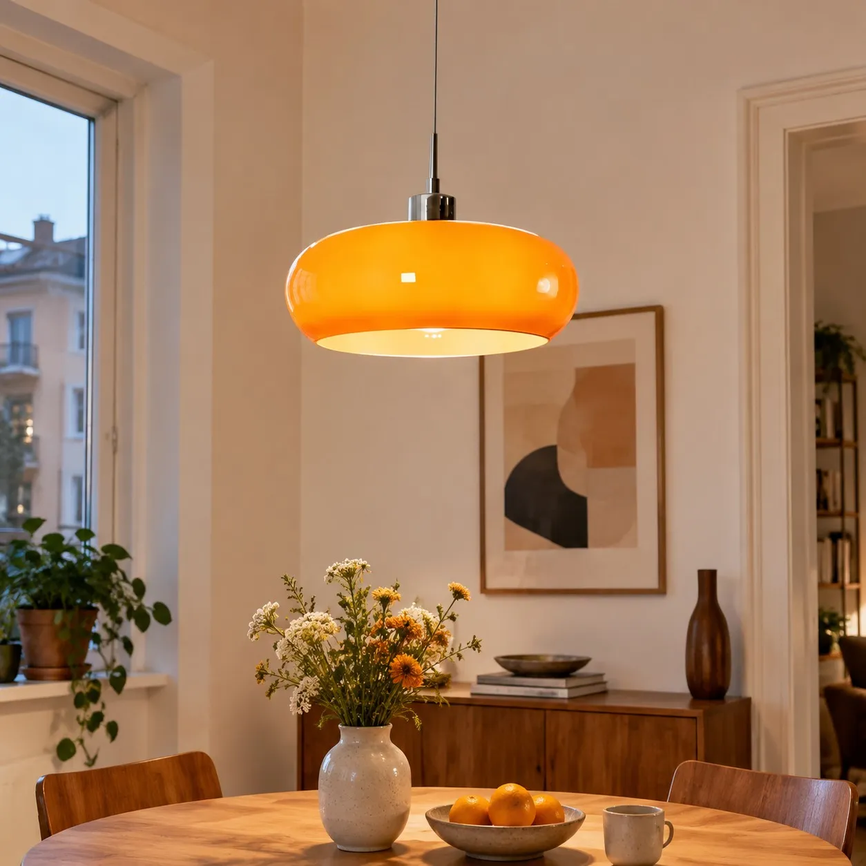 Lampadina E27 in una lampada a sospensione geometrica in vetro.