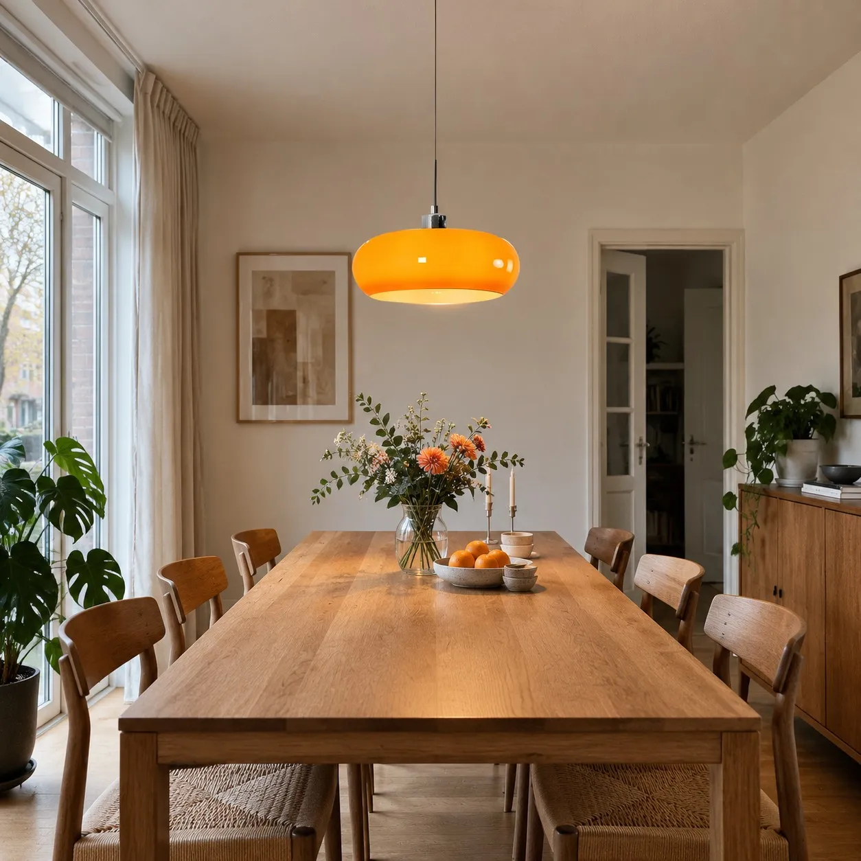 Een compacte glazen hanglamp boven een langere eettafel