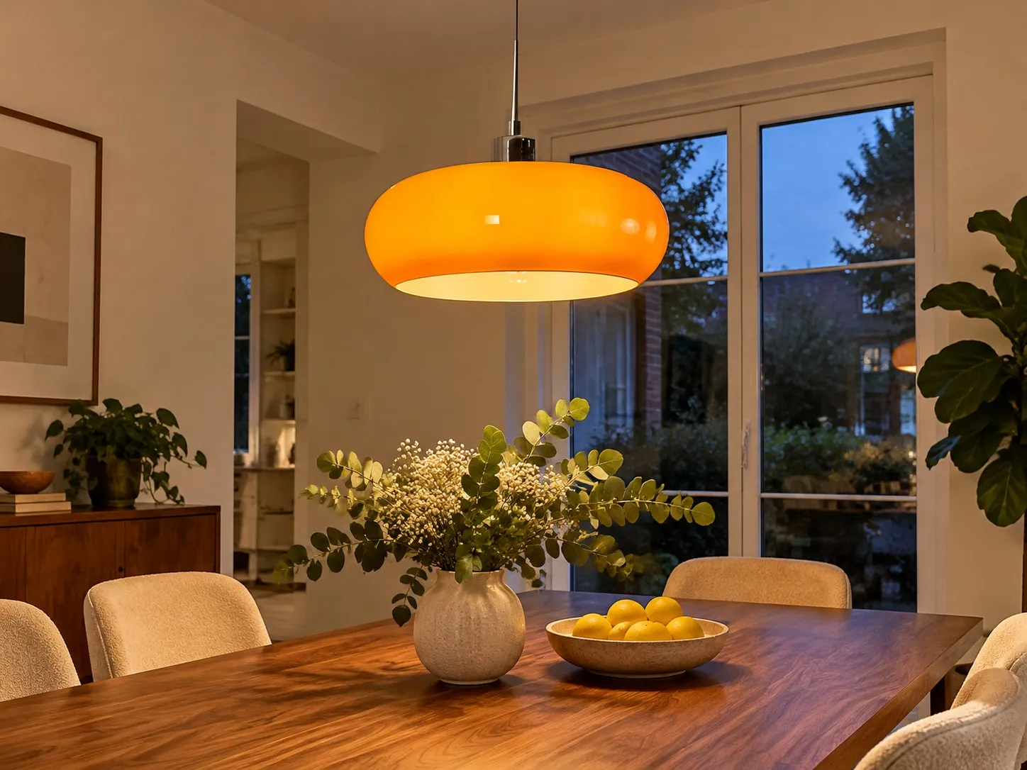 Vrij zicht onder een glazen hanglamp boven de eettafel