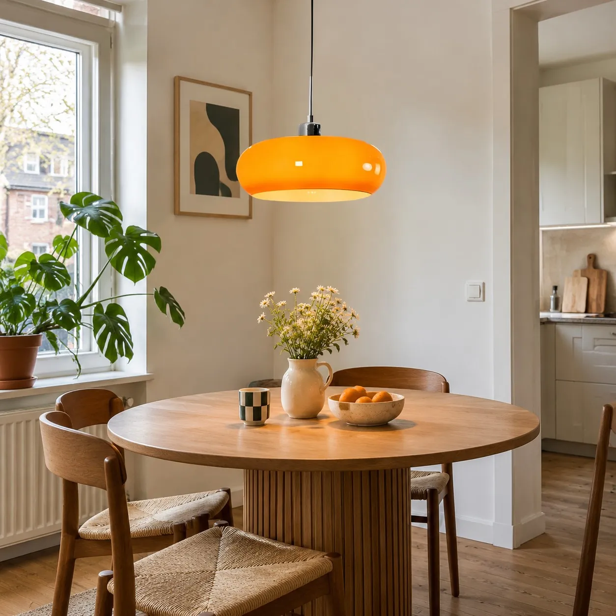 Lampada a sospensione in vetro da 28 cm sopra un tavolo da pranzo compatto
