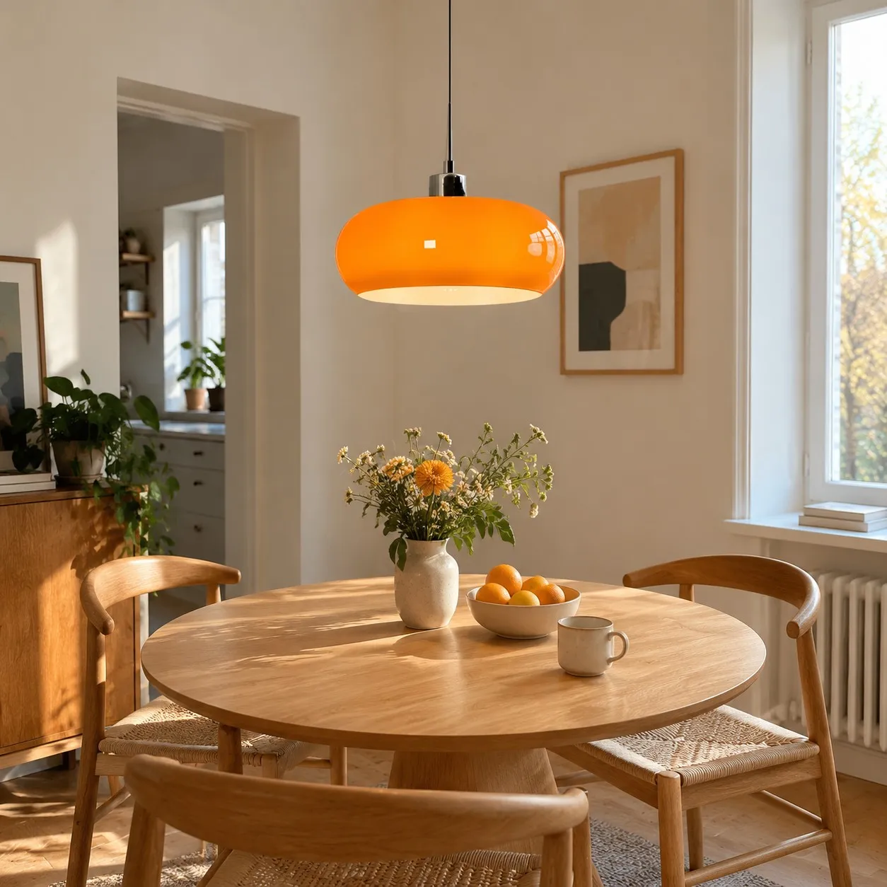 Verhouding tussen een glazen hanglamp en een ronde eettafel