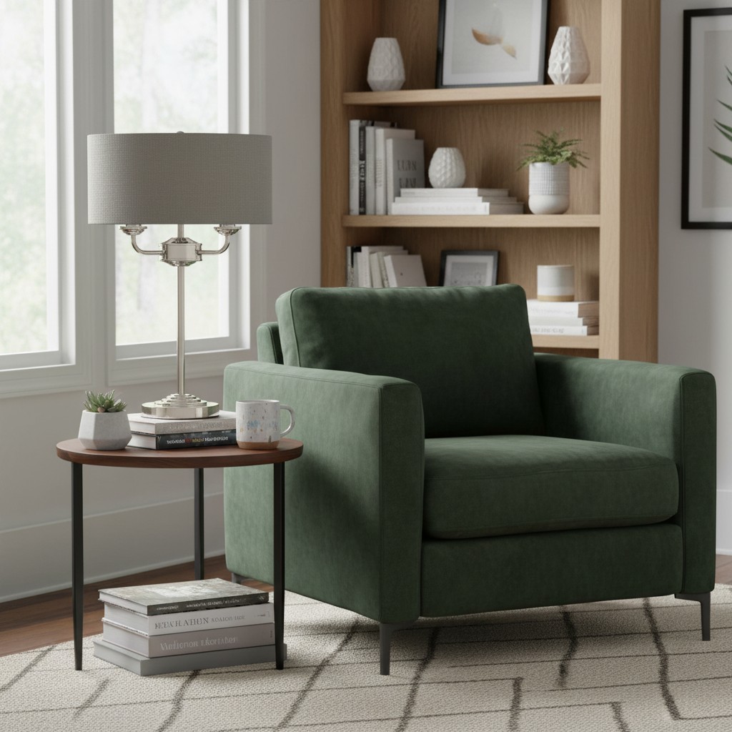 Tela tafellamp bij een groene fauteuil