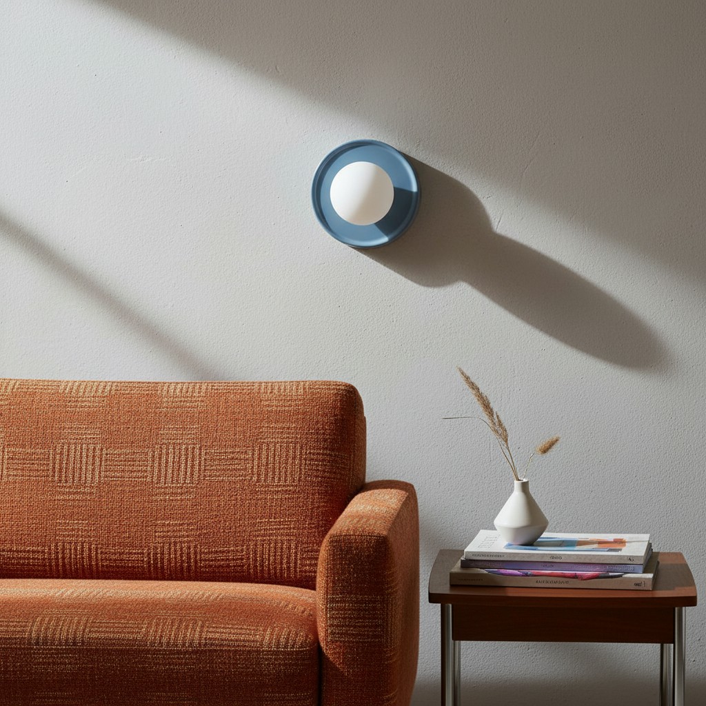 Blauwe Solna wandlamp met lange schaduw boven een oranje bank