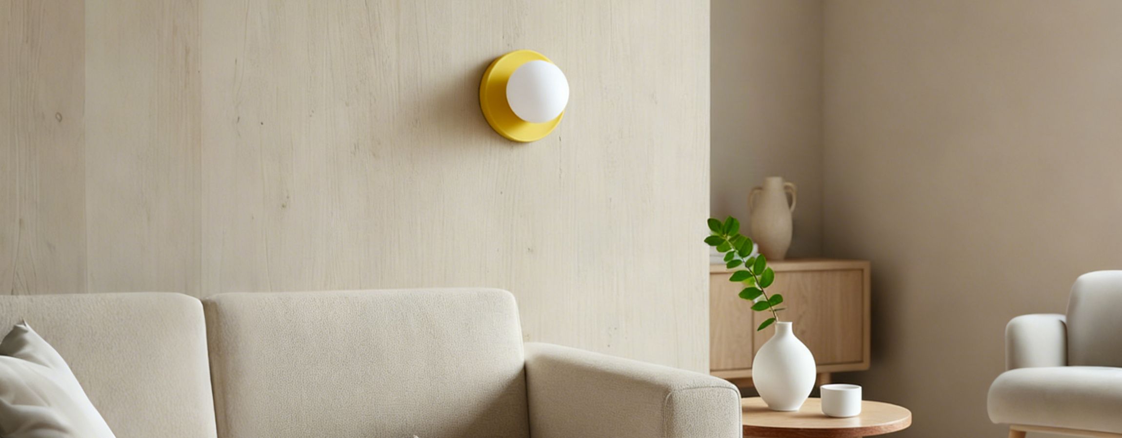 Solna wandlamp met gematteerde glazen bol in een lichte woonkamer