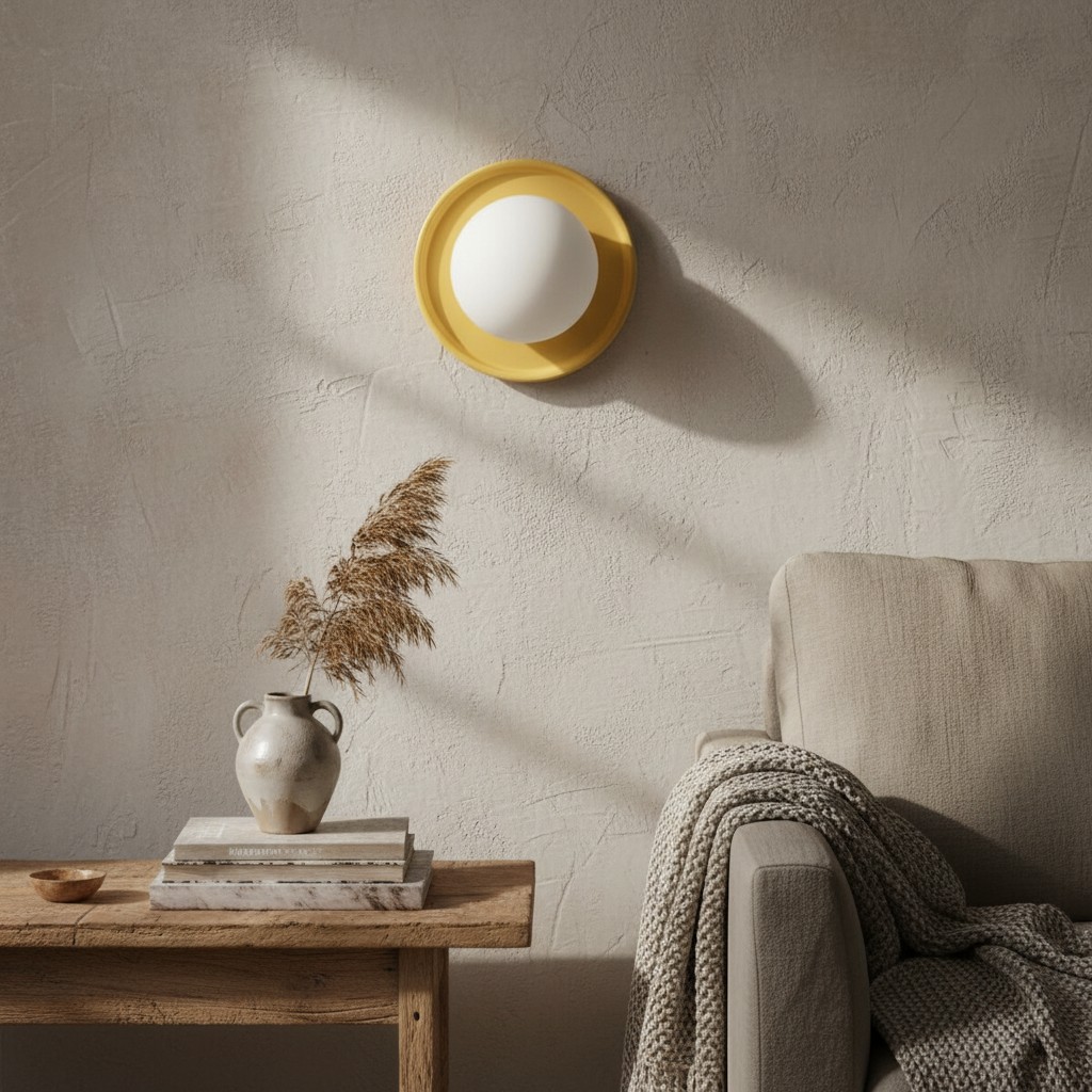 Klantfoto van de gele Solna wandlamp met schaduw op de muur
