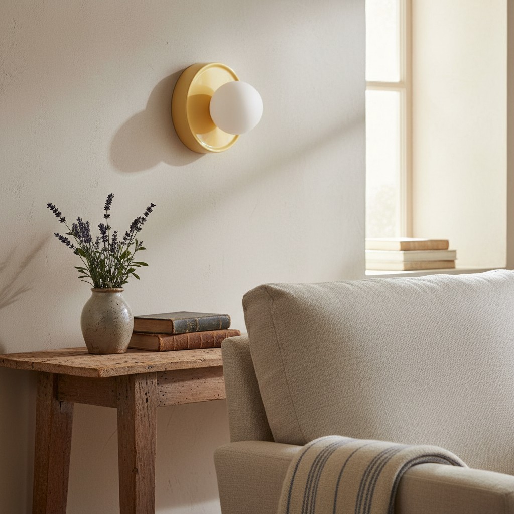 Klantfoto van de gele Solna wandlamp in een woonkamer