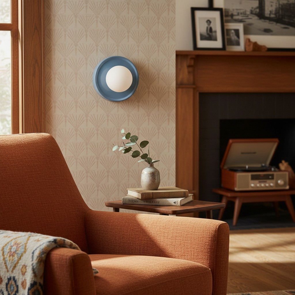 Klantfoto van de blauwe Solna wandlamp bij een oranje stoel
