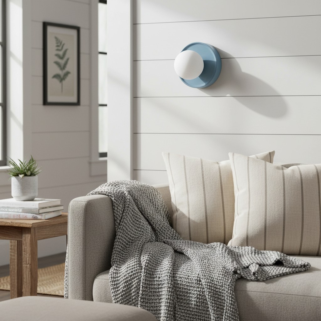 Klantfoto van de blauwe Solna wandlamp boven een lichte bank