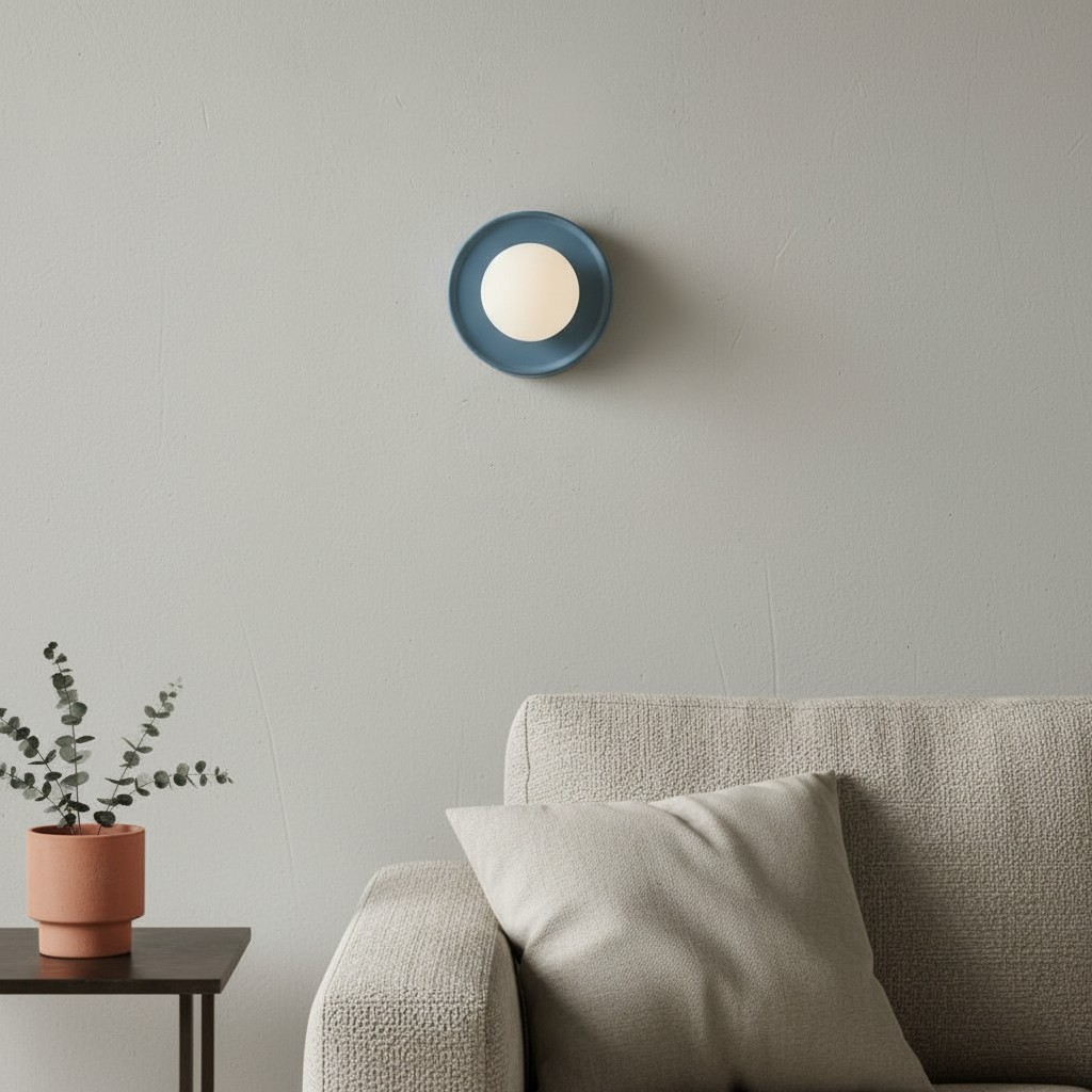 Blauwe Solna wandlamp boven een zachte bank