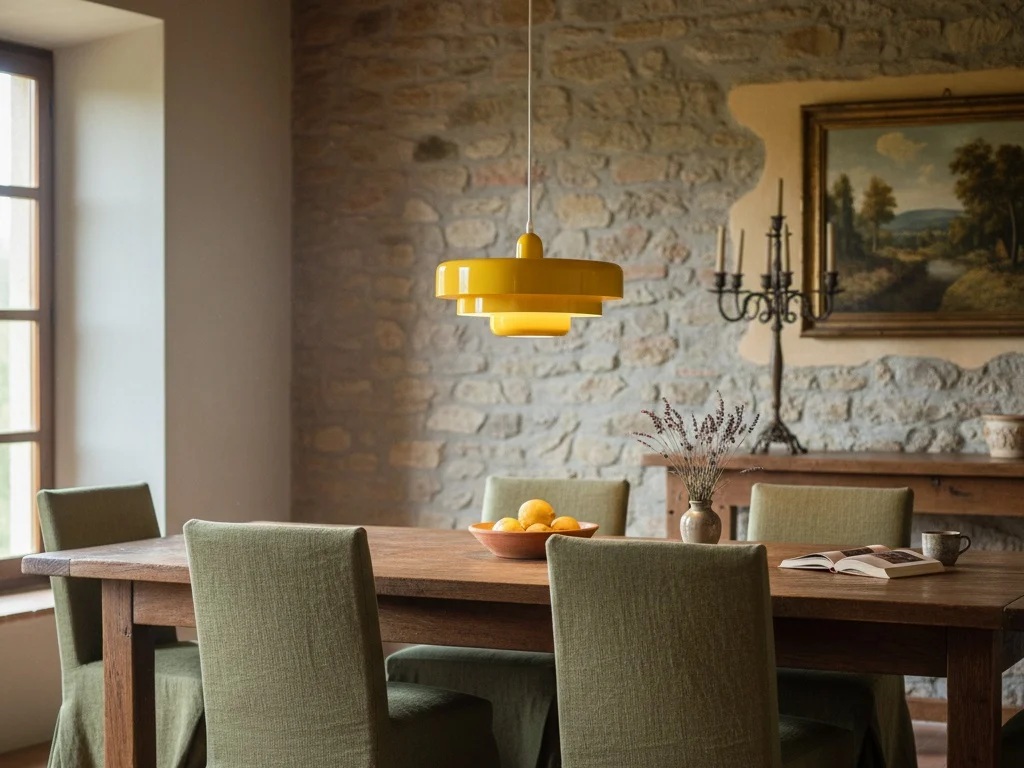 Gele hanglamp boven een eettafel