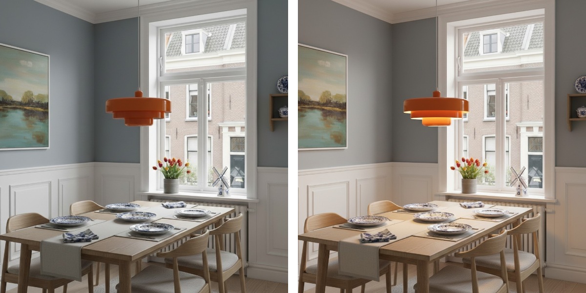 Vergelijking van de hanglamp met het licht uit en aan