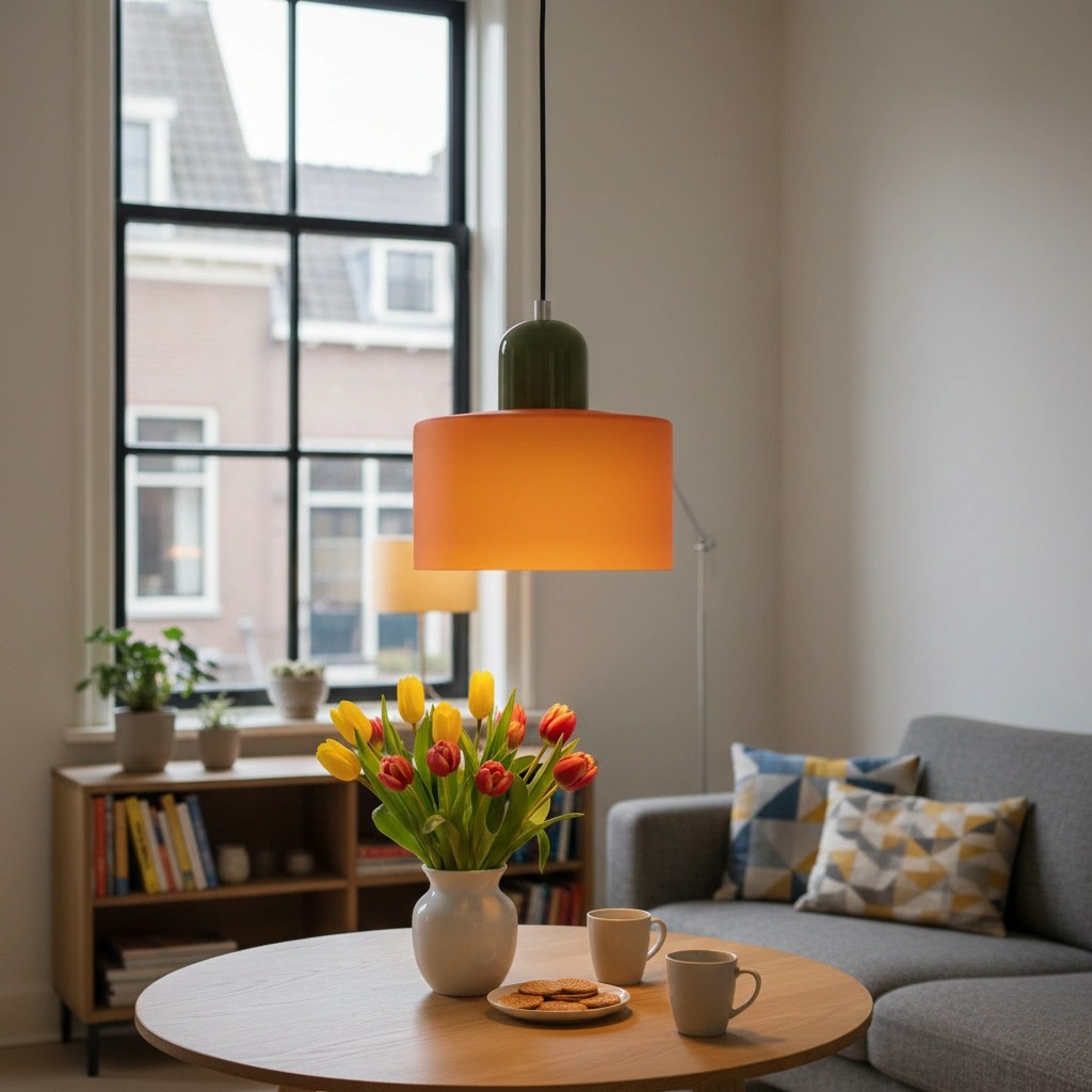 Morandi hanglamp in een lichte woonkamer