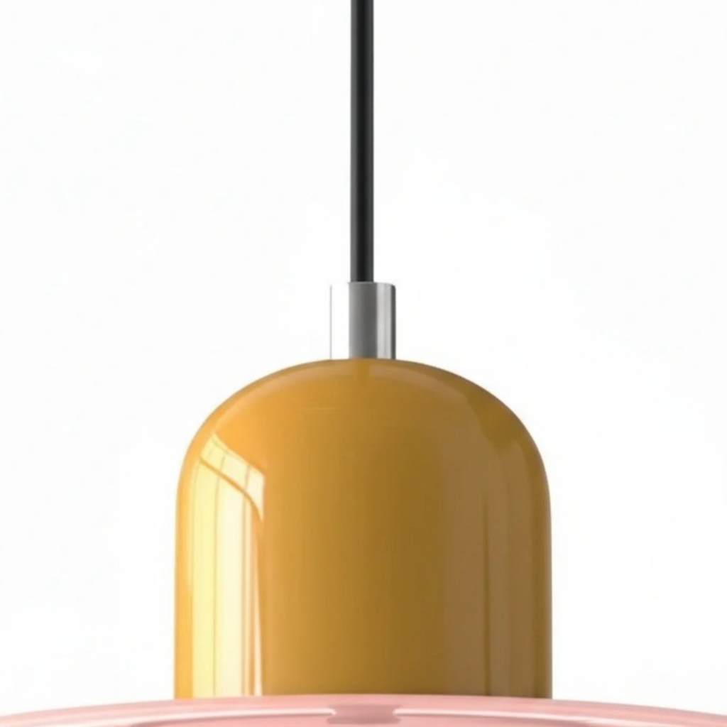 Detail van de Morandi hanglamp met gele kap