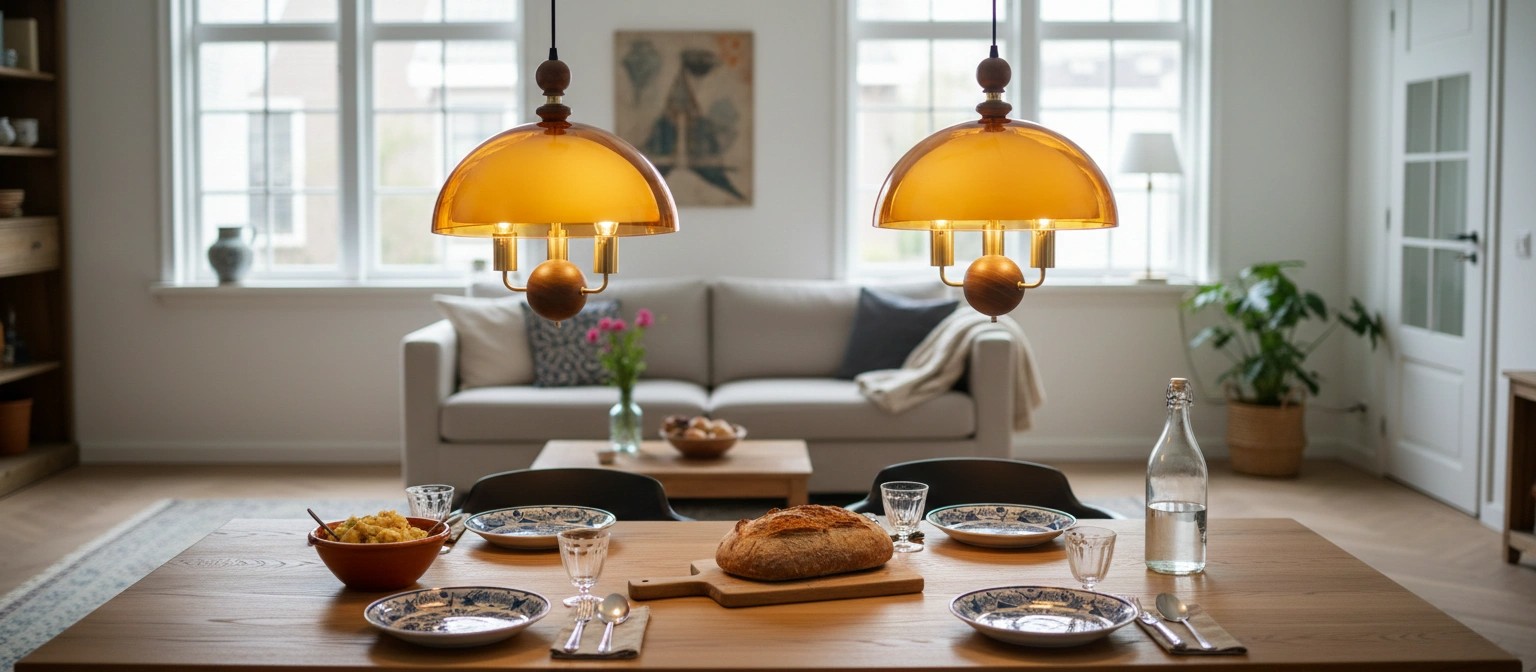 Middeleeuwse hanglamp met zonsondergangmotief in eetkamer